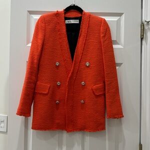 Zara Bright Orange Red Tweed Diamond Button Blazer
